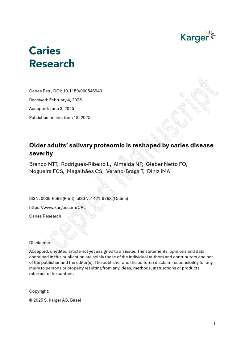 First page of Older adults’ salivary proteomic is reshaped by caries disease severity