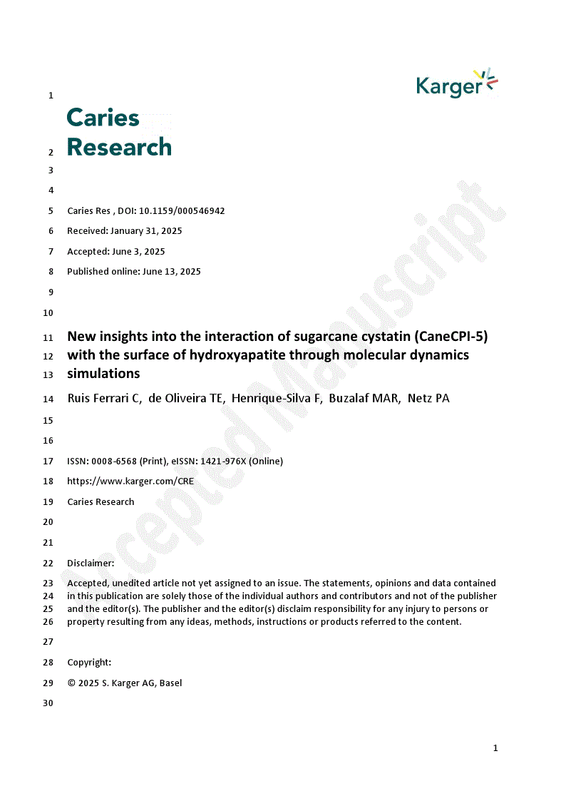 First page of New insights into the interaction of sugarcane cystatin (CaneCPI-5) with the surface of hydroxyapatite through molecular dynamics simulations