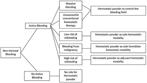 Fig. 2. Algorithm for approach to management of acute nonvariceal bleeding and the role of hemostatic agents.