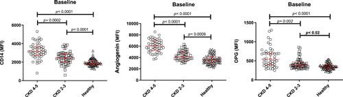 Scatter plots showing differences in sCD14, angiogenin, and OPG levels comparing patient groups and healthy controls at baseline. Comparisons were performed using the nonparametric Kruskal-Wallis test. Significant differences between groups were analyzed using the post hoc multiple Comparisons p values (2-tailed) test. p < 0.05 was considered statistically significant. Scatter plots represent the 25–75% interquartile range with whiskers and the median as the middle line.