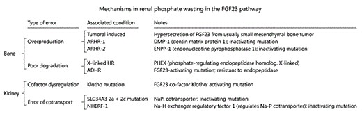 Fig. 2. FGF23-mediated hypophosphatemia can be categorized by the type of genetic or acquired abnormality impacting the involved pathway. Among these are errors in the overproduction and degradation of FGF23 as seen in bone and in tumor-induced osteomalacia, autosomal recessive hypophosphatemic rickets types 1 and 2 (ARHR-1 and ARHR-2). Errors in degradation of FGF23 in bone occur in X-linked hypophosphatemic rickets and autosomal dominant hypophosphatemic rickets (ADHR). Errors of cofactor dysregulation in the kidney occur with mutations in Klotho. Errors of cotransport in the kidney occur with inactivating mutations in SLC34A3 and sodium-hydrogen exchange regulatory factor 1 (NHERF-1).
