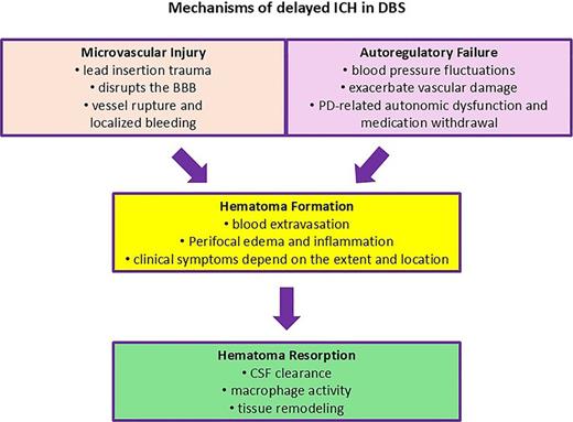 Schematic diagram illustrating the potential mechanisms of delayed ICH in DBS. The diagram outlines the progression from microvascular injury and autoregulatory failure to hemorrhage/hematoma formation and subsequent resorption.