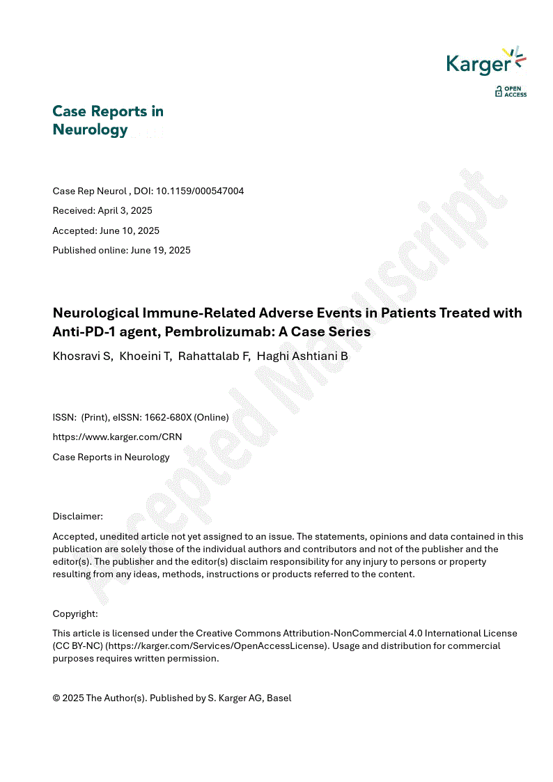 First page of Neurological Immune-Related Adverse Events in Patients Treated with Anti-PD-1 agent, Pembrolizumab: A Case Series