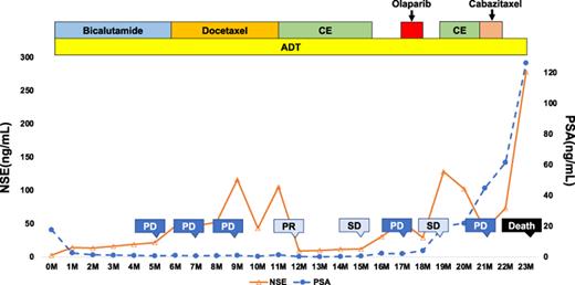 Clinical patterns with changes in tumor markers and treatment responses. CBDCA, carboplatin; VP16, etoposide; ADT, androgen-deprivation therapy; PR, partial response; SD, stable disease; PD, progressive disease.