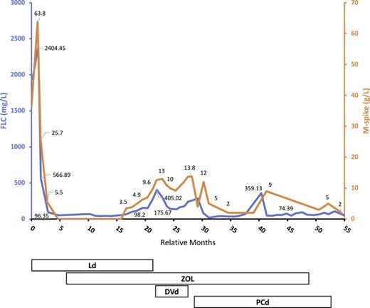 Time course of anti-myeloma therapies. Ld, lenalidomide/dexamethasone; ZOL; zoledronic acid; DVd, daratumumab/bortezomib/dexamethasone; PCd, pomalidomide/cyclophosphamide/dexamethasone.