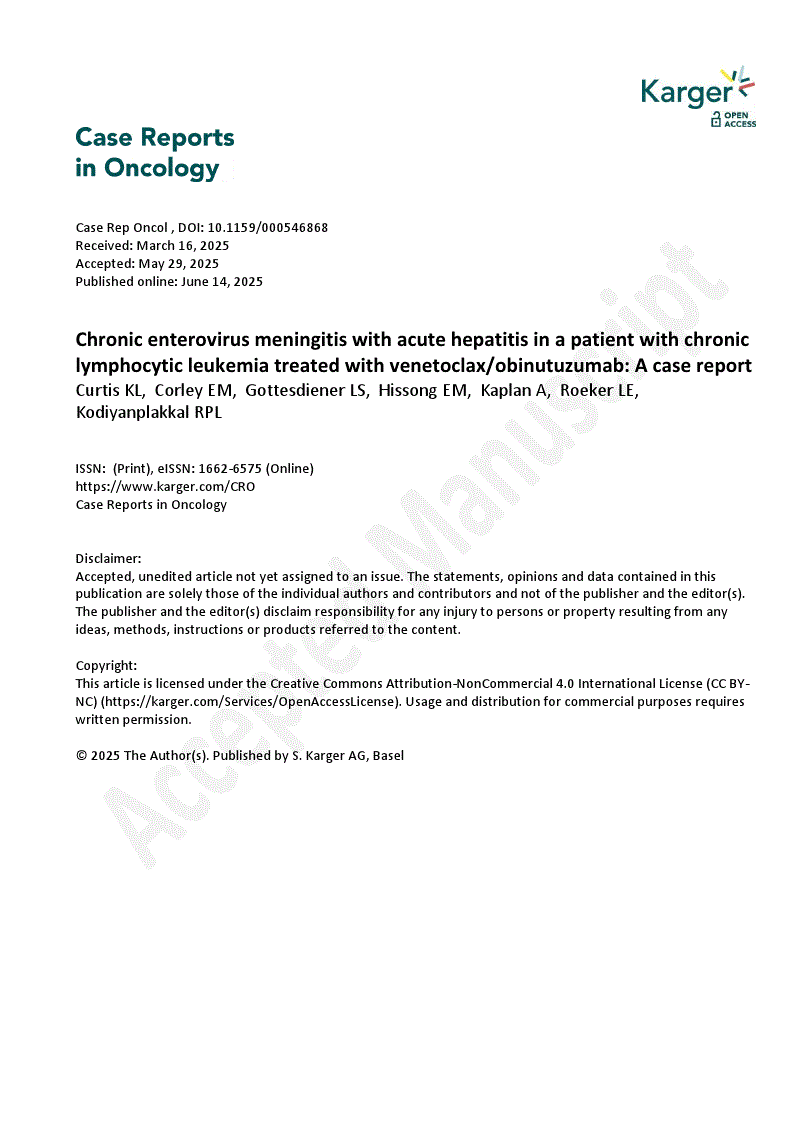 First page of Chronic enterovirus meningitis with acute hepatitis in a patient with chronic lymphocytic leukemia treated with venetoclax/obinutuzumab: A case report