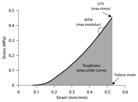 Fig. 3. Representative stress-strain data. A sample stress-strain curve obtained from a 4-mm tissue ring cultured for 8 days is shown with definitions of UTS, MTM, failure strain and toughness.
