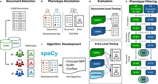 Schematic depiction of the development and evaluation of the NLP algorithms. a Document selection: 2,000 documents and 120 full notes (“entries”) corresponding to SMI patients were selected from the EHR database of each hospital. b Development set documents were independently annotated by two clinicians; for the test sets, a consensus annotation was generated for a subset of the documents (n = 309 and n = 358 in HOMO and CSJDM, respectively) and the 120 entries. c The annotations on the development set documents (n = 1,691 and n = 1,642) were used to manually generate patterns for MedSpaCy. d The algorithms were tested on the consensus annotation of documents and entries. Three sets of patterns were used for entry-level testing, those coming from the annotations of the same hospital, those from the other hospital, and a combination of both (“COMBINED”). e Phenotype filtering through annotation and evaluation steps in HOMO (green) and CSJDM (blue).