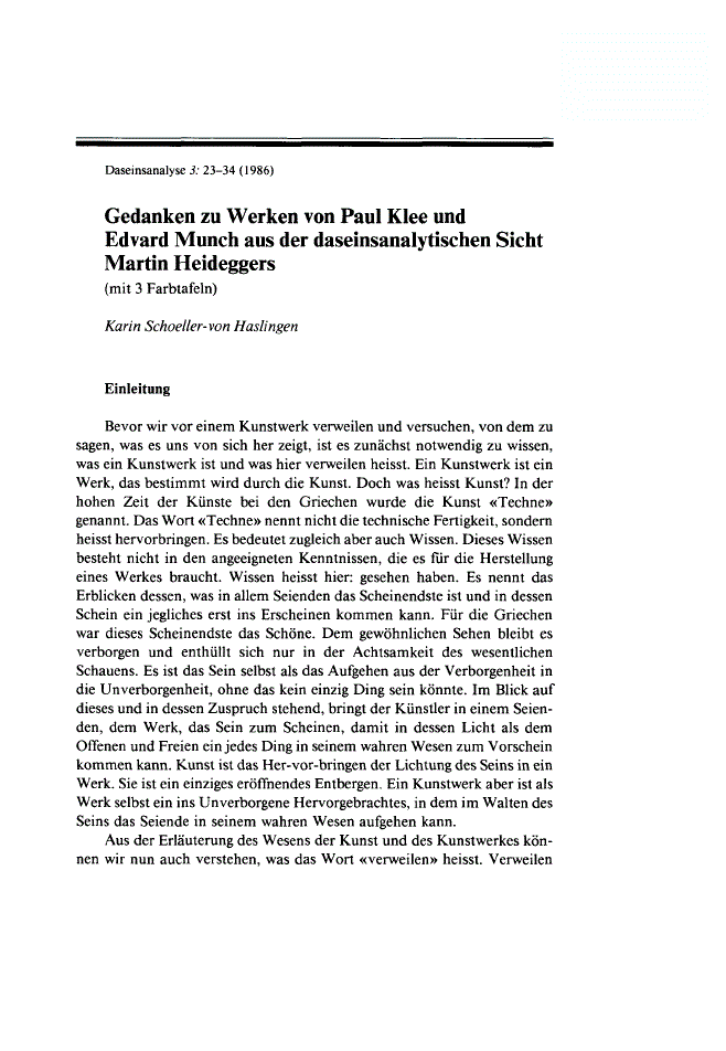 First page of Gedanken zu Werken von Paul Klee und Edvard Munch aus der daseinsanalytischen Sicht Martin Heideggers