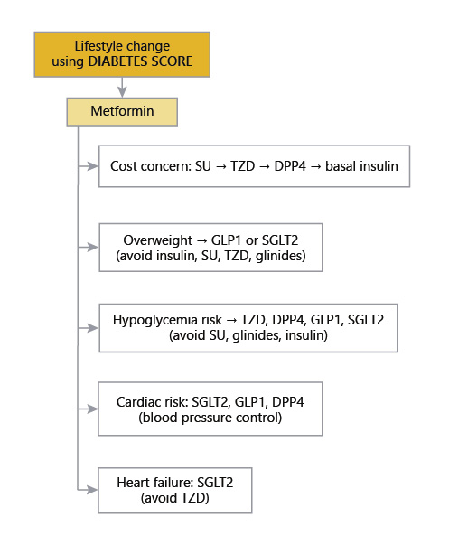  Diabetes treatment algorithm using Diabetes Score. SU, sulfonylureas; TZD, thiazolidinedione (“-glitazones”); GLP1, glucagon-like peptide 1 receptor agonist (“-tides”); SGLT2, sodium-glucose cotransporter 2 inhibitor (“-iflozin”); DPP4, dipeptidyl peptidase 4 inhibitor (“-liptin”).