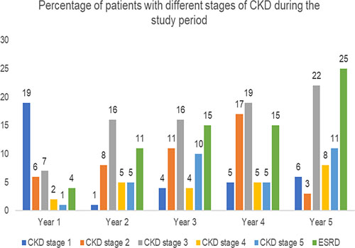 Progression of CKD to ESRD during the study period. CKD, chronic kidney disease; ESRD, end-stage renal disease. *Data of only 23 patients with CKD were available for 5 years. The graph represents the percentage of these patients (n = 23) who progressed to ESRD during the 5-year period. To evaluate the CKD stage of a patient during each year, the following methodology was used. During each year, the latest CKD stage of the patient based on the diagnosis code was retrieved from the database. For example, in the first year, for every patient the latest CKD stage was identified based on diagnosis from the first diagnosis (0–365 days). Similarly, during the 2nd year, the latest CKD stage of the patient was identified based on diagnosis during the 2nd year (366–730 days). The same approach was used to identify the CKD stage of patient during the further 3 years.