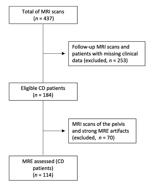  Flowchart of patient selection. CD, Crohn’s disease; MRI, magnetic resonance imaging; MRE, magnetic resonance enterography.