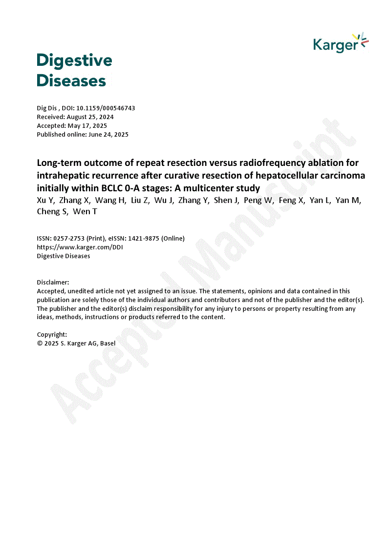 First page of Long-term outcome of repeat resection versus radiofrequency ablation for intrahepatic recurrence after curative resection of hepatocellular carcinoma initially within BCLC 0-A stages: A multicenter study