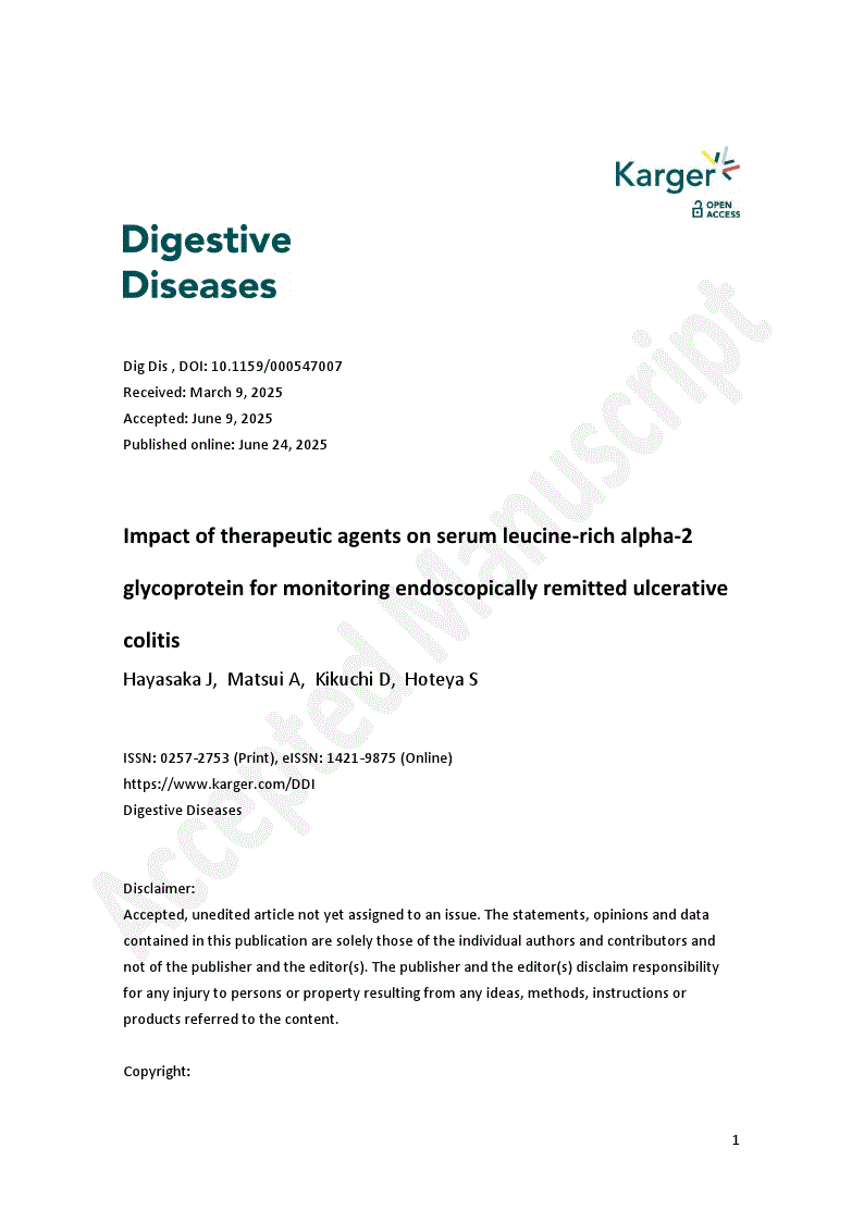 First page of Impact of therapeutic agents on serum leucine-rich alpha-2 glycoprotein for monitoring endoscopically remitted ulcerative colitis