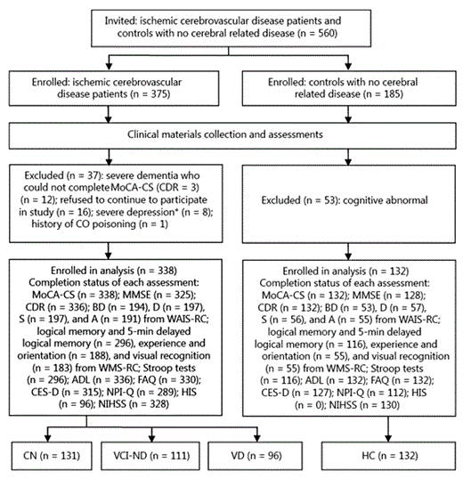 Fig. 1. Flow diagram of participants. BD = Block design; D = digit span; S = similarities; A = arithmetic. * Score of CES-D ≥30.