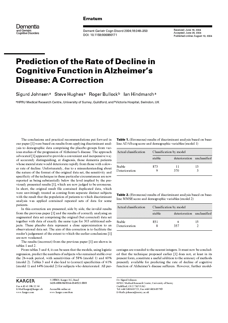 First page of Prediction of the Rate of Decline in Cognitive Function in Alzheimer’s Disease: A Correction