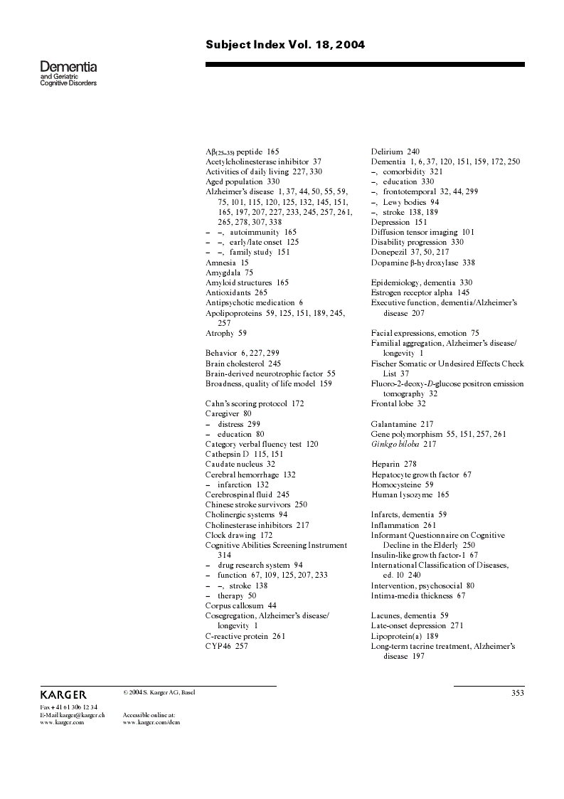 First page of Subject Index Vol. 18, 2004