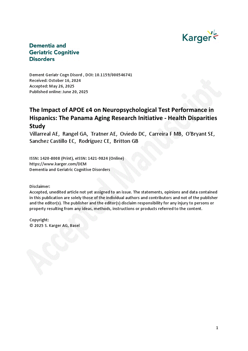 First page of The Impact of APOE ε4 on Neuropsychological Test Performance in Hispanics: The Panama Aging Research Initiative - Health Disparities Study