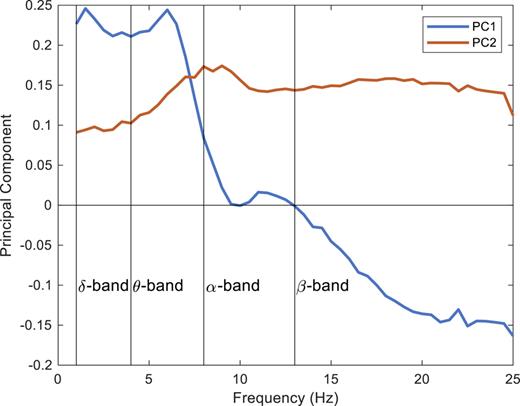 A typical example of the PCs for one covariance, P111j and P112j specifically. The classical EEG power bands, δ, θ, α, and β, are indicated. In terms of the classical bands, PC1 corresponds to the difference between the combined δ and θ power and the β power, while PC2 is a weighted measure of the total power.