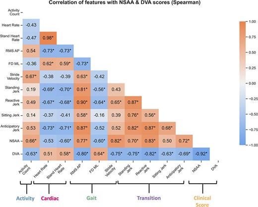 Heat map representing the strength of positive (orange) or negative (blue) Spearman correlation; * for significant correlations (p < 0.05) between candidate biomarkers in activity, cardiac, gait, and transition domains, and with clinical measures of function in DMD (NSAA, DVA).