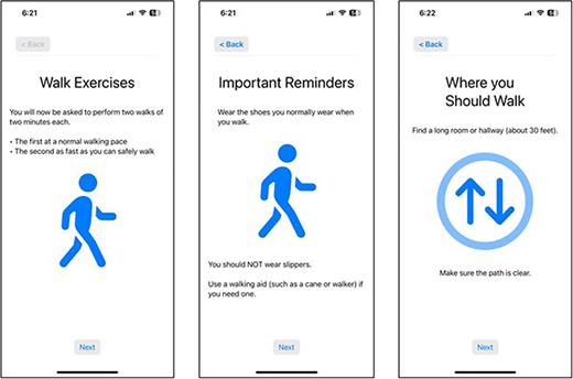 Screenshots of the instructions provided by Walk Test to guide participants through the usual- and fast-paced walks.