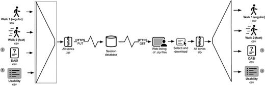 Data transmission from Walk Test to the University of Chicago server. The DASI and usability survey was only transmitted on the first attempted walk (at-home).