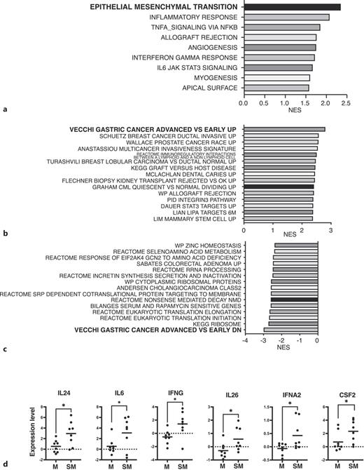 Gene set enrichment analyses identify transcriptomic features of early submucosal-invasive gastric cancer. a Gene set enrichment analyses (GSEAs) using the HALLMARK gene set shows nine gene sets significantly enriched in early submucosal-invasive gastric cancer (SMGC). NES, normalized enrichment score. b Top 15 significantly upregulated gene sets in SMGCs determined by GSEA using the C2 gene set. NES, normalized enrichment score. c Top 15 significantly downregulated gene sets in SMGCs determined by GSEA using the C2 gene set. NES, normalized enrichment score. d The expression levels of IL24, IL6, IFNG, IL26, IFNA2, and CSF2 are shown. Each dot represents the expression level of the corresponding case. M and SM indicate IMGC and SMGC, respectively. The horizontal bar represents the mean expression value. *p < 0.05.