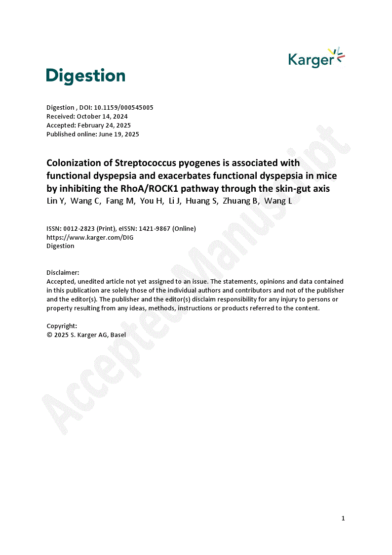 First page of Colonization of Streptococcus pyogenes is associated with functional dyspepsia and exacerbates functional dyspepsia in mice by inhibiting the RhoA/ROCK1 pathway through the skin-gut axis
