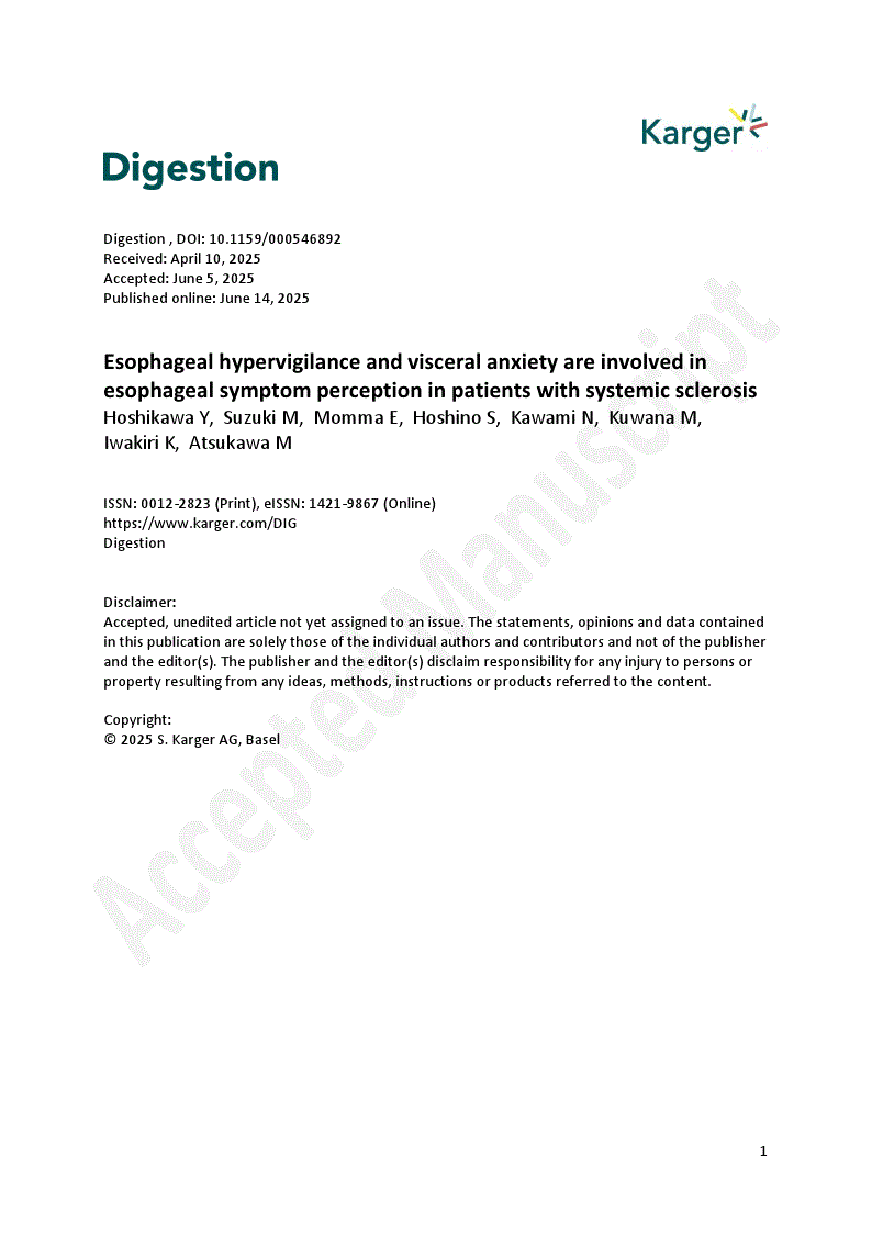 First page of Esophageal hypervigilance and visceral anxiety are involved in esophageal symptom perception in patients with systemic sclerosis