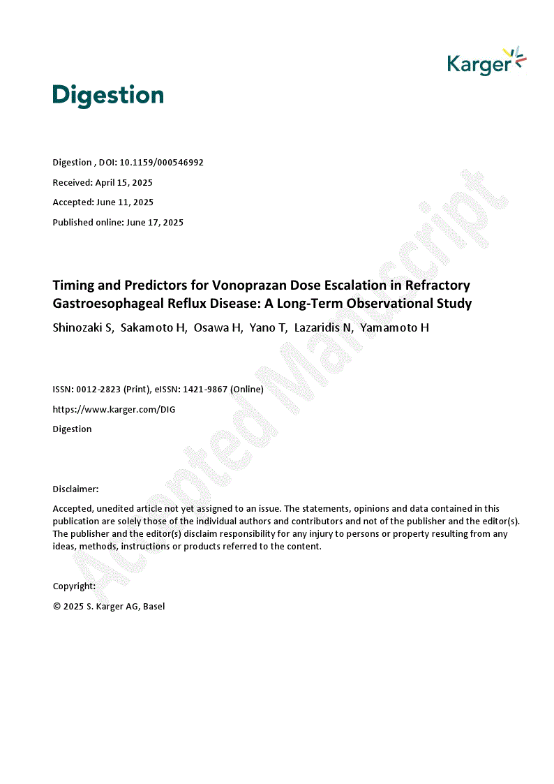 First page of Timing and Predictors for Vonoprazan Dose Escalation in Refractory Gastroesophageal Reflux Disease: A Long-Term Observational Study