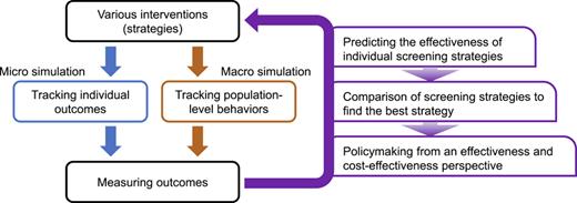 Concept of mathematical simulation for cancer screening strategies. Mathematical simulations are used in cancer screening to compare the effectiveness of various strategies. These methods are broadly categorized into microsimulations and macrosimulations, which focus on tracking individual outcomes and population-level behaviors. By evaluating the results obtained, these simulations aim to quantify the effectiveness and cost-effectiveness of each strategy, thereby informing policy decision-making.