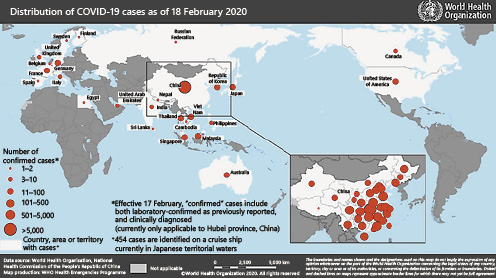 Fig. 1. Countries, territories or areas with reported confirmed cases of COVID-19, February 18, 2020.