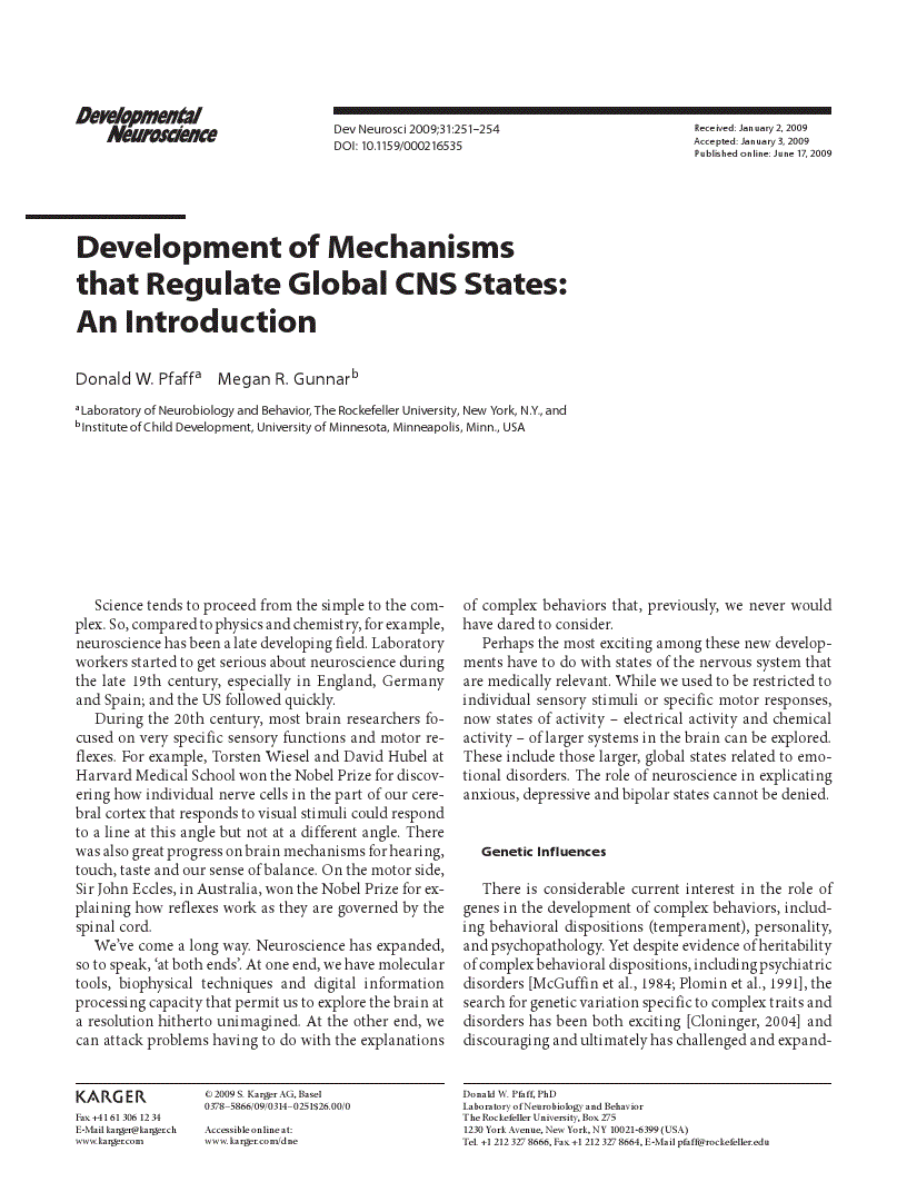 First page of Development of Mechanisms that Regulate Global CNS States: An Introduction