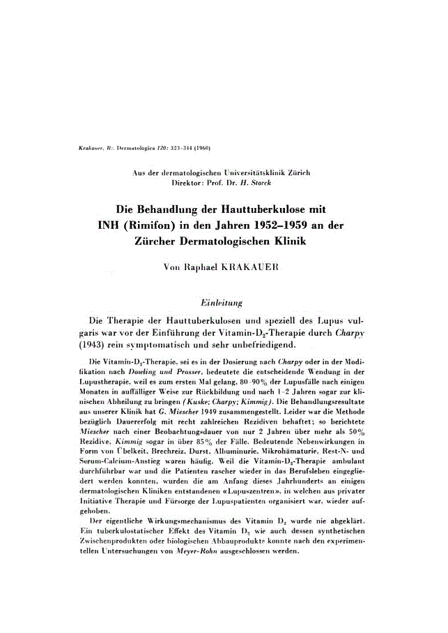 First page of Die Behandlung der Hauttuberkulose mit INH (Rimifon) in den Jahren 1952–1959 an der Zürcher Dermatologischen Klinik