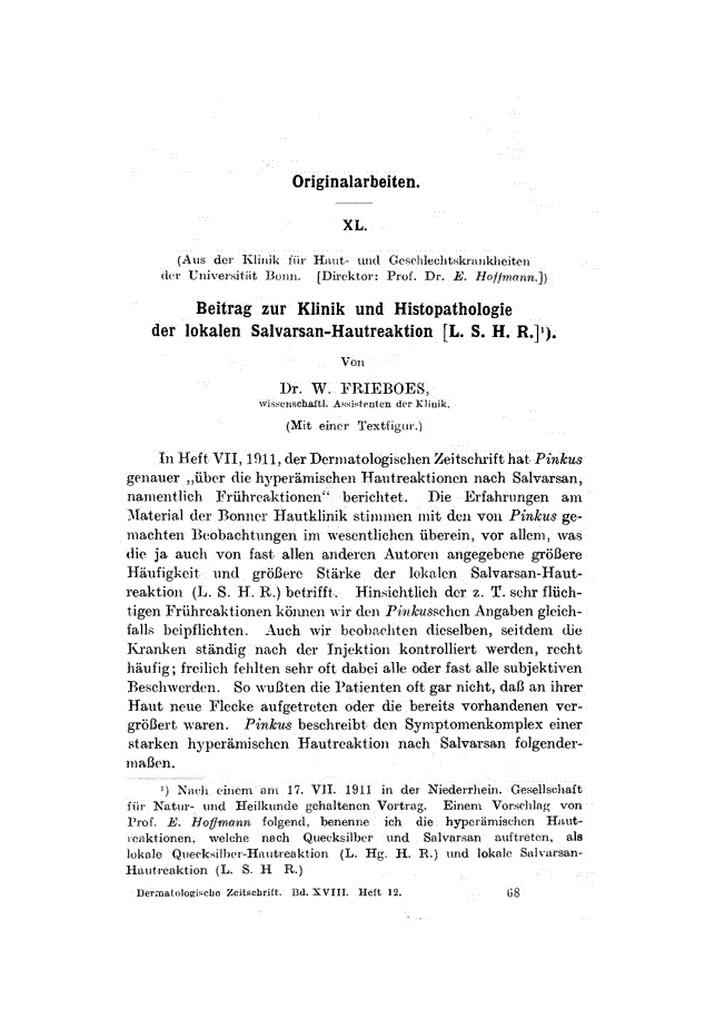 First page of XL. Beitrag zur Klinik und Histopathologie der lokalen Salvarsan-Hautreaktion [L. S. H. R.]