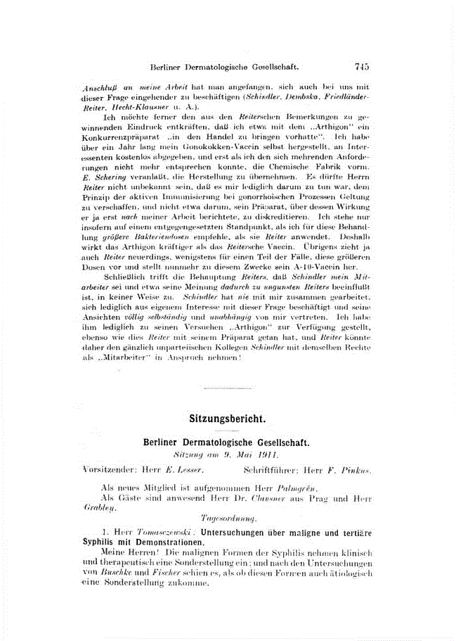 First page of Berliner Dermatologische Gesellschaft<subtitle>Sitzung am 9. Mai 1911</subtitle>