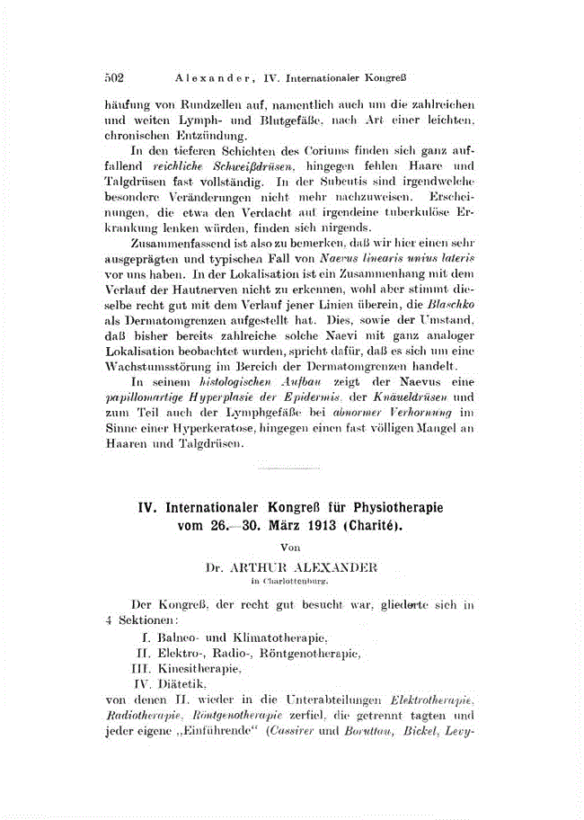 First page of IV. Internationaler Kongreß für Physiotherapie vom 26.–30. März 1913 (Charité)