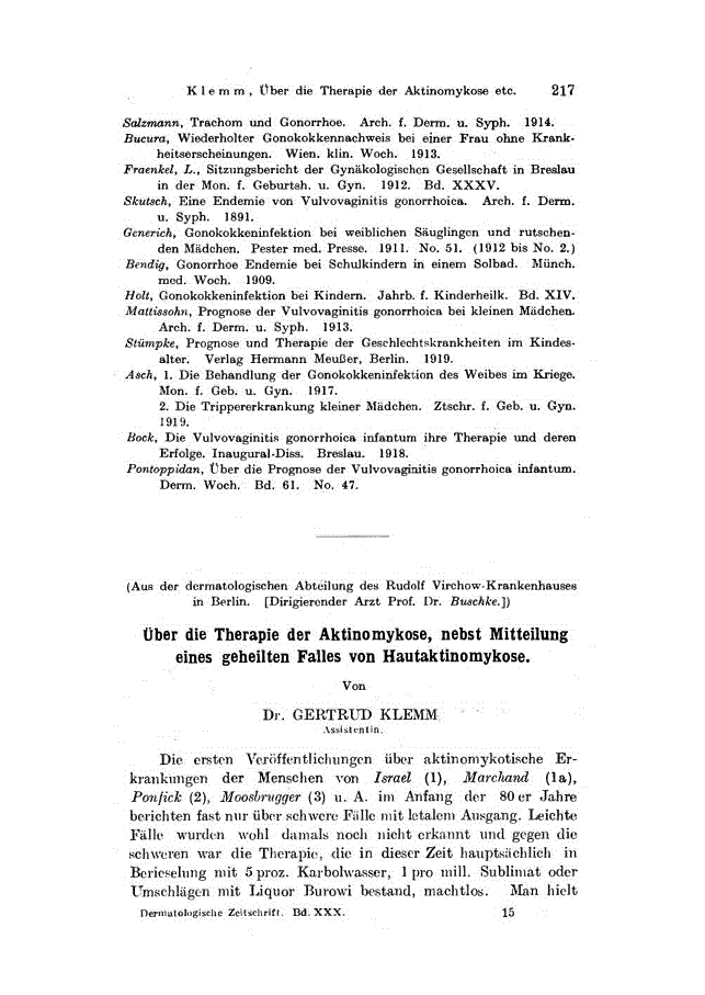 First page of über die Therapie der Aktinomykose, nebst Mitteilung eines geheilten Falles von Hautaktinomykose