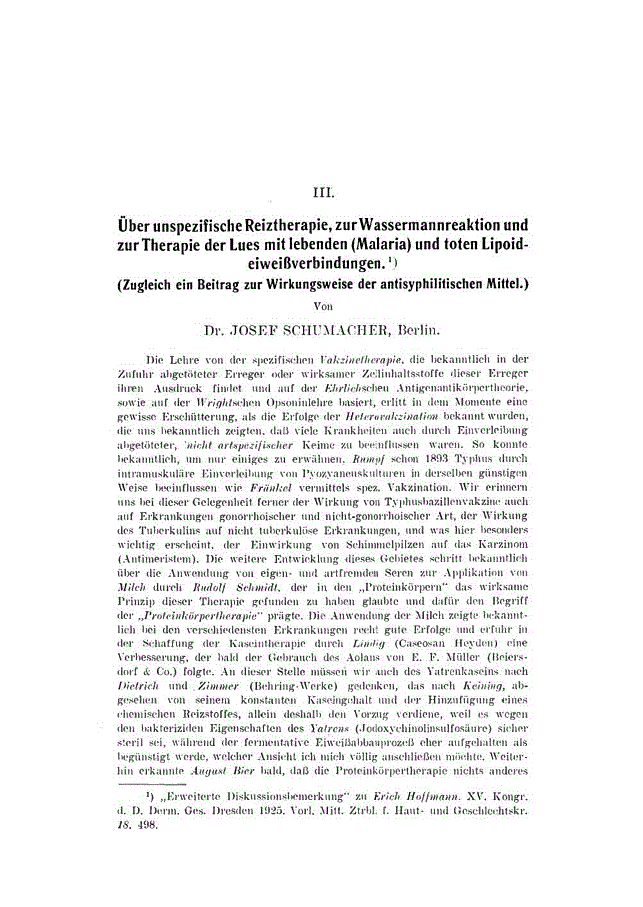 First page of III. Über unspezifische Reiztherapie, zur Wassermannreaktion und zur Therapie der Lues mit lebenden (Malaria) und toten Lipoideiweißverbindungen<subtitle>Zugleich ein Beitrag zur Wirkungsweise der antisyphilitischen Mittel</subtitle>
