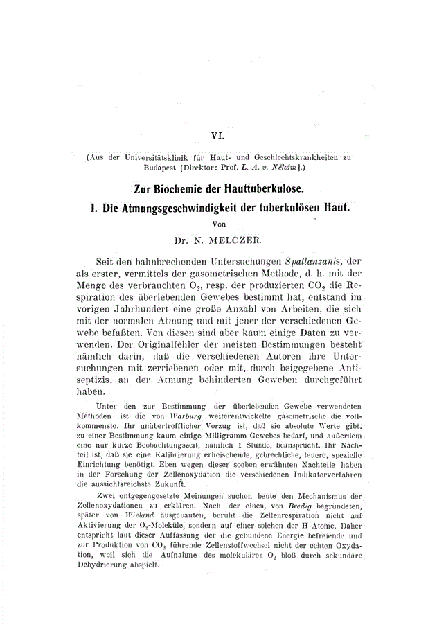 First page of VI. Zur Biochemie der Hauttuberkulose. I. Die Atmungsgeschwindigkeit der tuberkulösen Haut