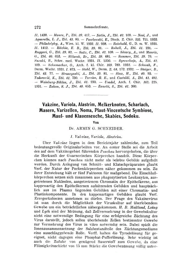 First page of Vakzine, Variola, Alastrim, Melkerknoten, Scharlach, Masern, Varizellen, Noma, Plaut-Vincentsche Symbiose, Maul- und Klauenseuche, Skabies, Sodoku