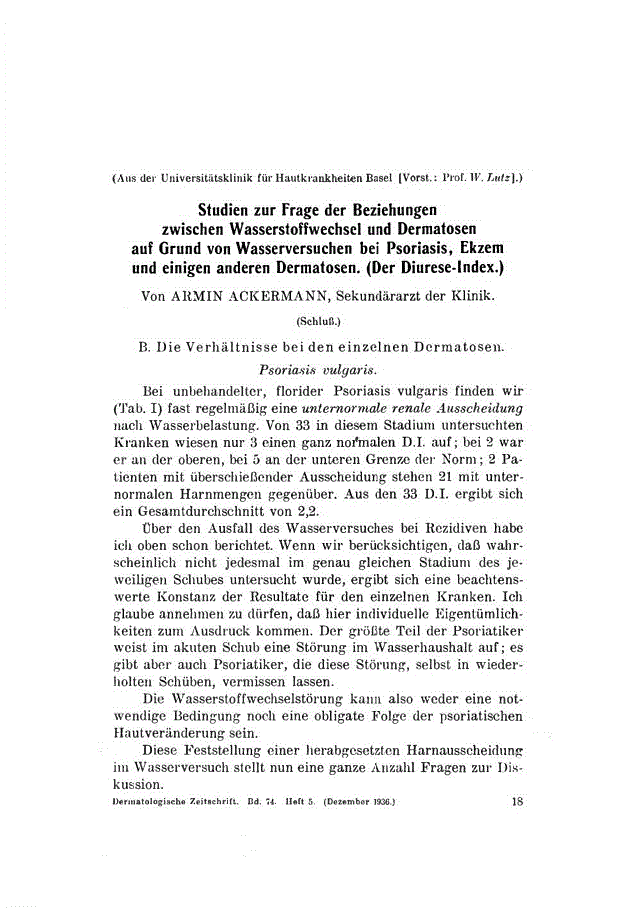 First page of Studien zur Frage der Beziehungen zwischen Wasserstoffwechsel und Dermatosen auf Grund von Wasserversuchen bei Psoriasis, Ekzem und einigen anderen Dermatosen. (Der Diurese-lndex)