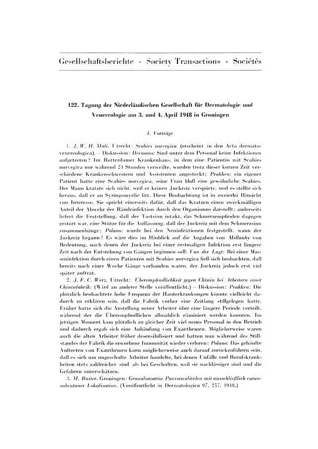 First page of 122. Tagung der Niederländischen Gesellschaft für Dermatologie und Venereologie am 3. und 4. April 1948 in Groningen