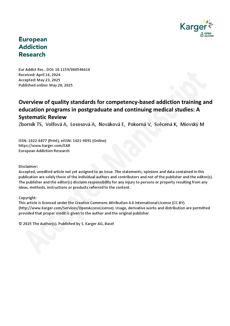 First page of Overview of quality standards for competency-based addiction training and education programs in postgraduate and continuing medical studies: A Systematic Review