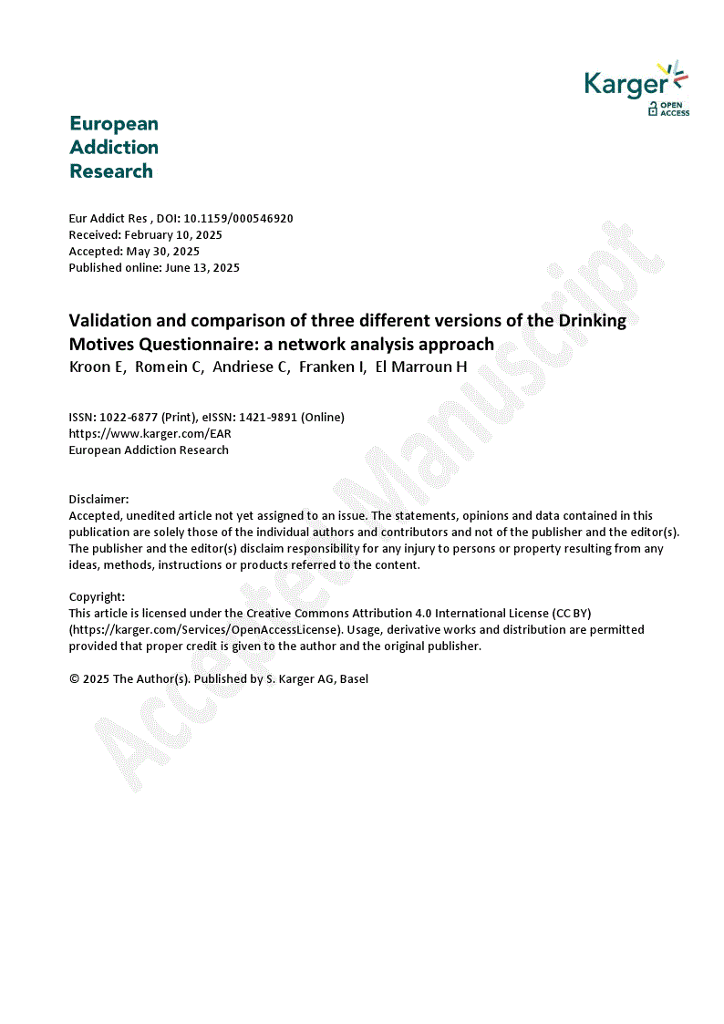 First page of Validation and comparison of three different versions of the Drinking Motives Questionnaire: a network analysis approach