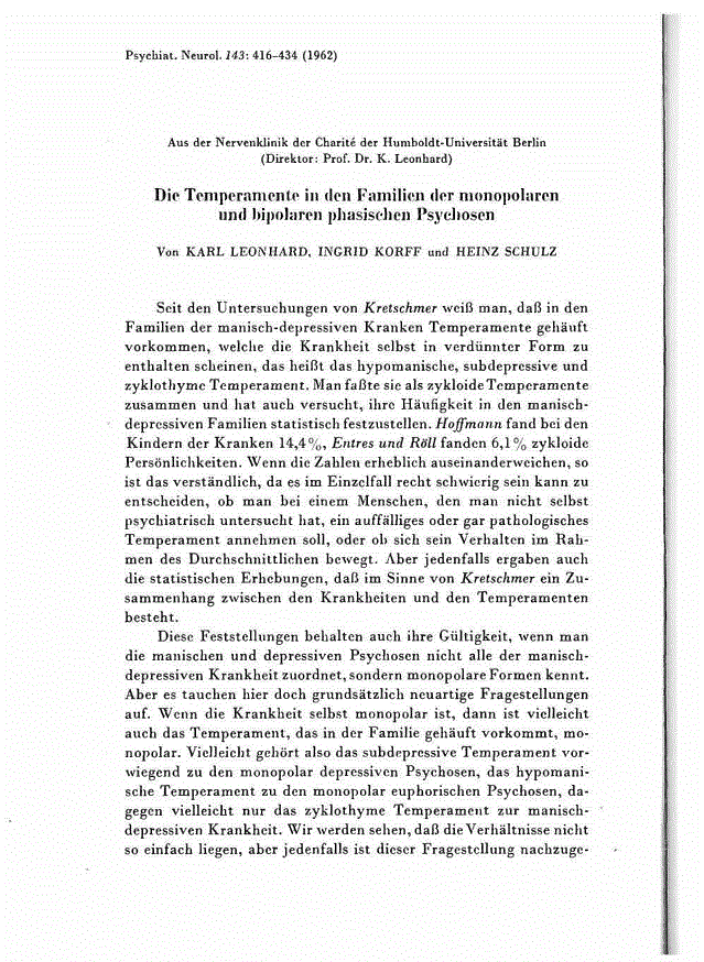 First page of Die Temperamente in den Familien der monopolaren und bipolaren phasischen Psychosen