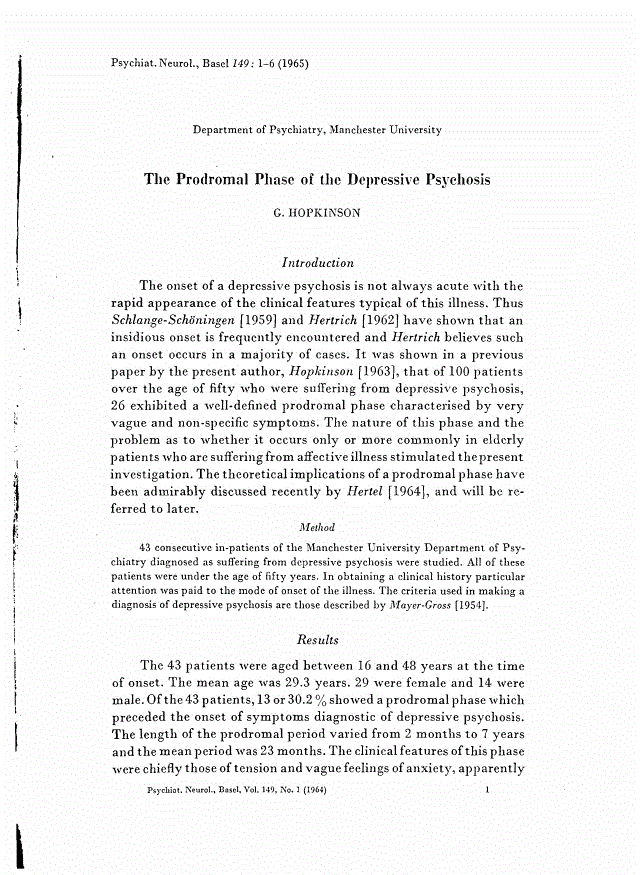 First page of The Prodromal Phase of the Depressive Psychosis