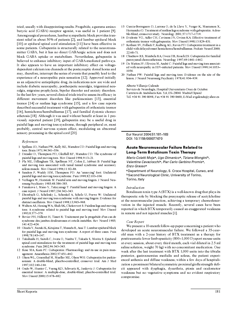 First page of Acute Neuromuscular Failure Related to Long-Term Botulinum Toxin Therapy