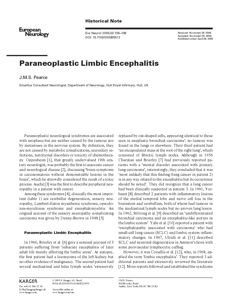 First page of Paraneoplastic Limbic Encephalitis