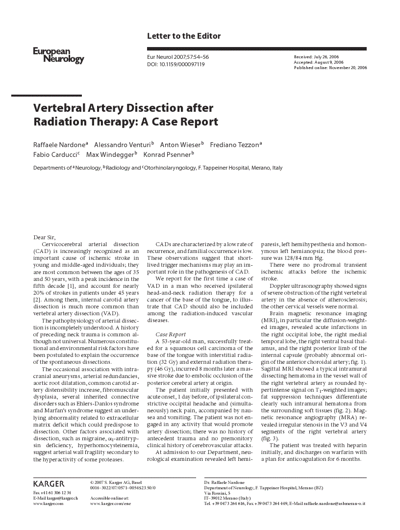 Vertebral Artery Dissection after Radiation Therapy A Case Report